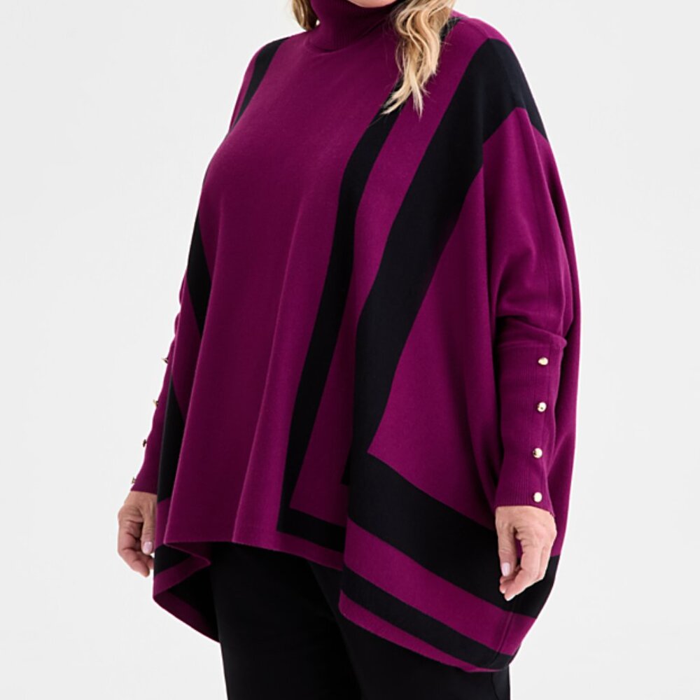NWT JM Collection. Women’s Poncho Turtleneck Sweater, Plus Size 1X Deep Acai CB.